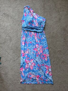 Lilly Pulitzer Blue Floral Halter Maxi Dress with Pink Accents